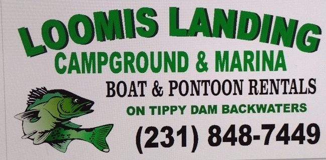 Loomis Landing Logo on the backwaters of tippy dam  Fish, hunt camp 231-848-7449